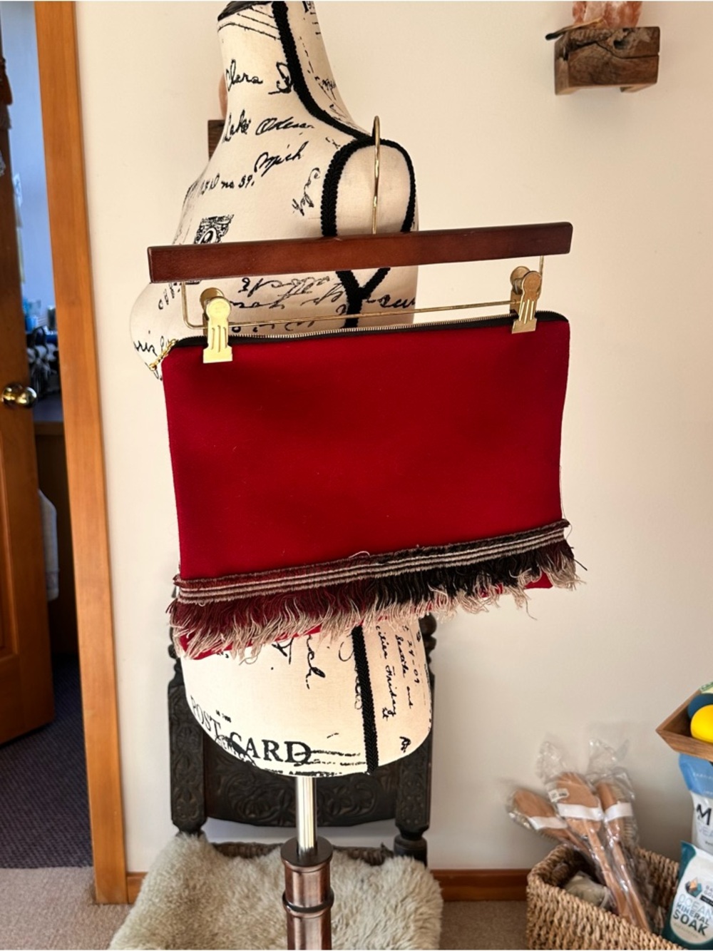 Red Fringe & Wool Zip Pouch Clutch